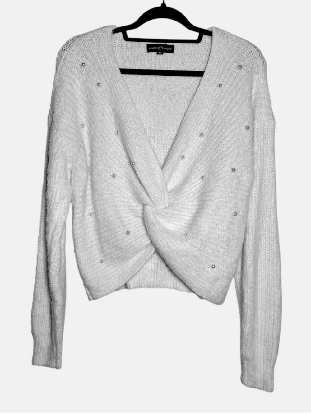 Almost Famous Cropped Twist Sweater Faux Pearl Size XL White Knit Fuzzy